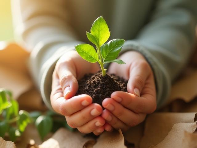 Mani che tengono una piantina su uno sfondo di materiali naturali come legno e carta riciclata.