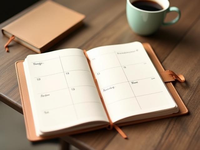 Agenda planner annuale con copertina in pelle sintetica marrone chiaro e layout settimanale