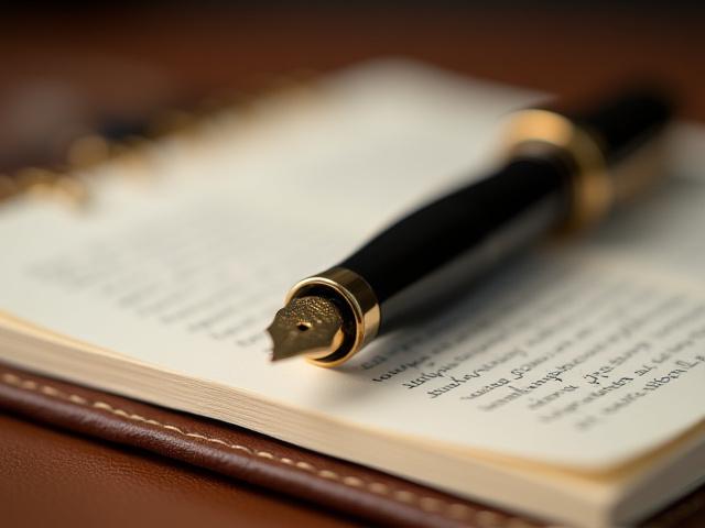 Penna stilografica elegante con dettagli dorati su un blocco note di cuoio