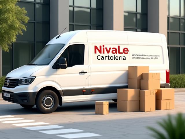 Furgone di consegna stilizzato con pacchi di cancelleria Nivale Cartoleria davanti a un edificio moderno.