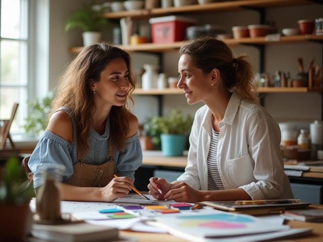Donna artista che seleziona materiali d'arte di qualità Nivale Cartoleria con l'aiuto di un consulente in un negozio ben illuminato.