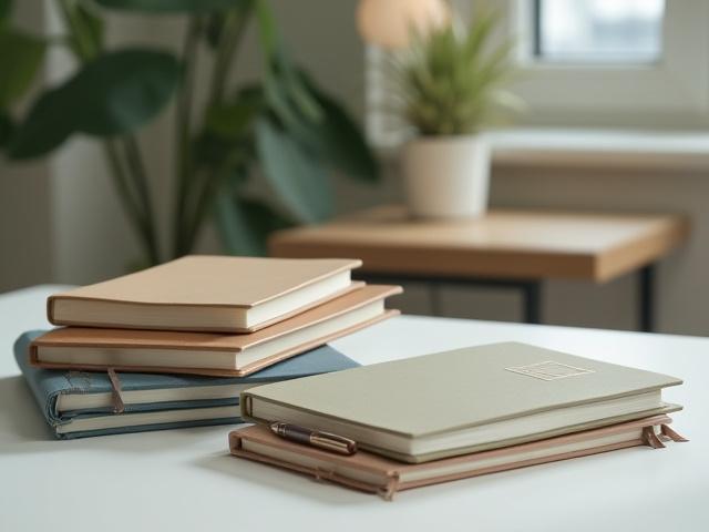 Quaderni e agende personalizzate con logo aziendale Nivale Cartoleria su un tavolo elegante.